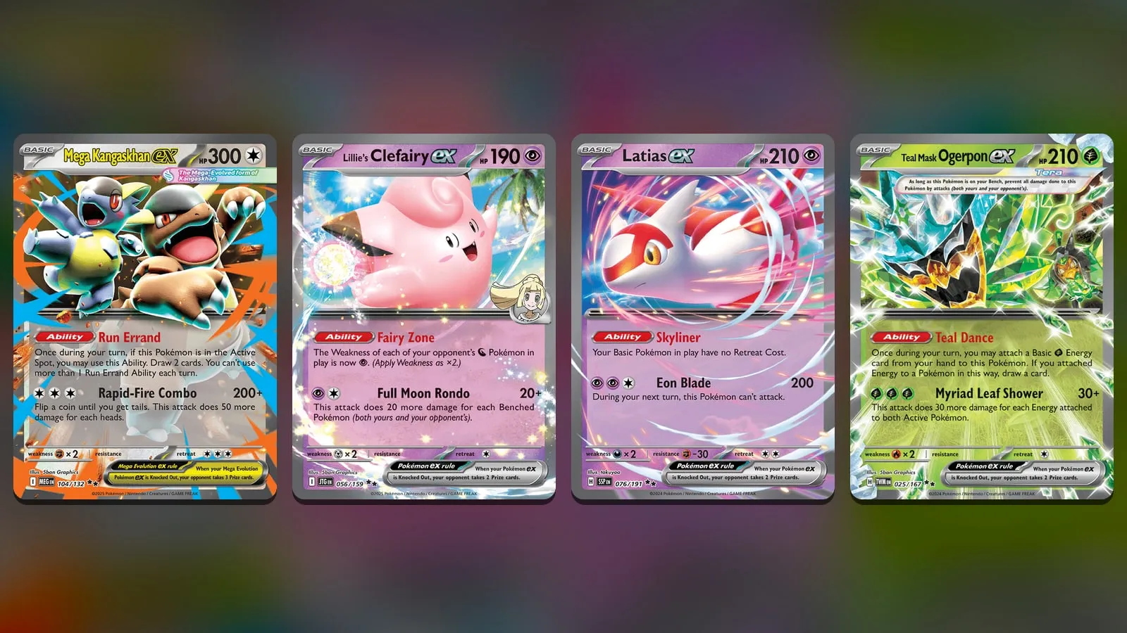 Four cards from Dylan Kasturi's winning Basic Box list: Mega Kangaskhan ex, Lillie's Clefairy ex, Latias ex and Teal Mask Ogerpon ex