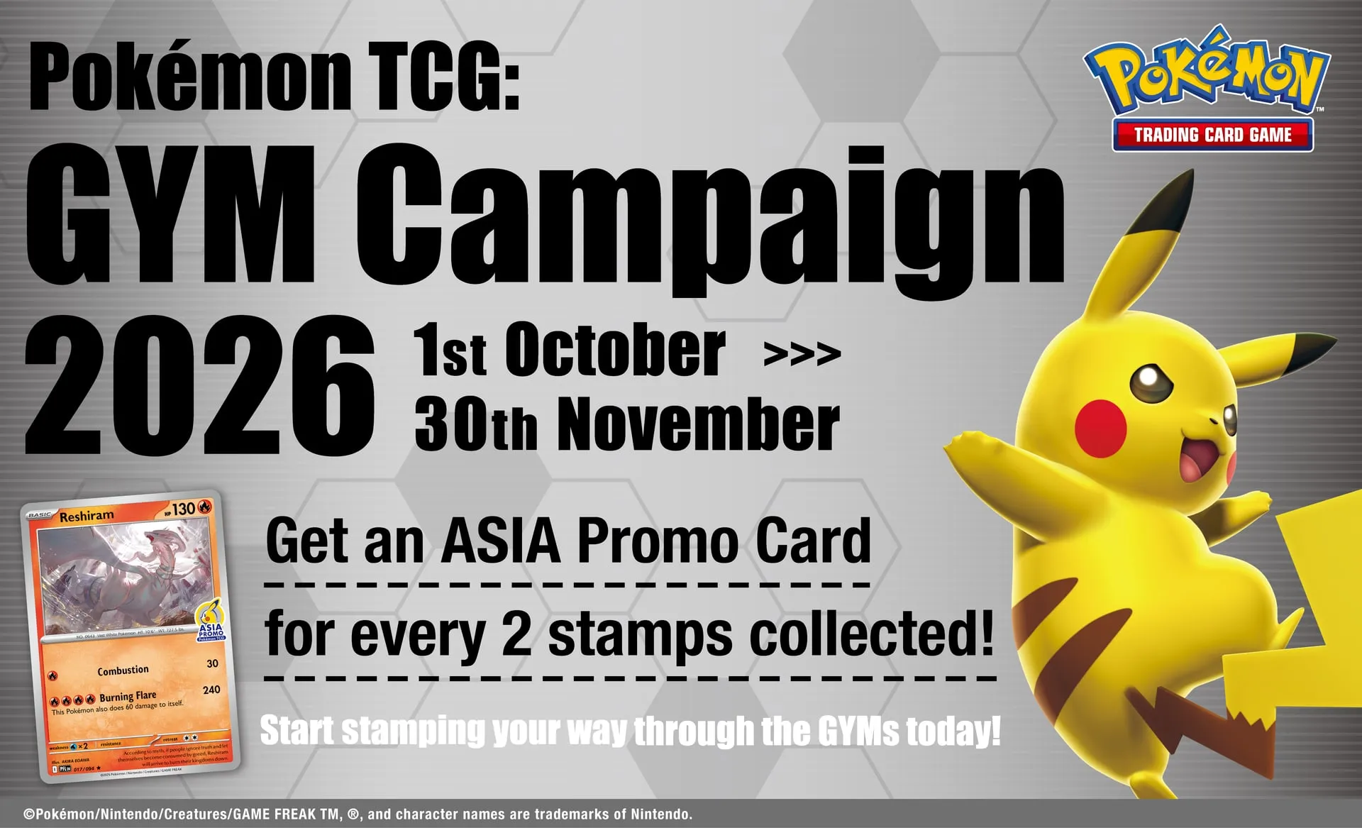 Pokémon TCG GYM Campaign 2026 banner: October 1 to November 30, one ASIA Promo Card for every 2 stamps collected