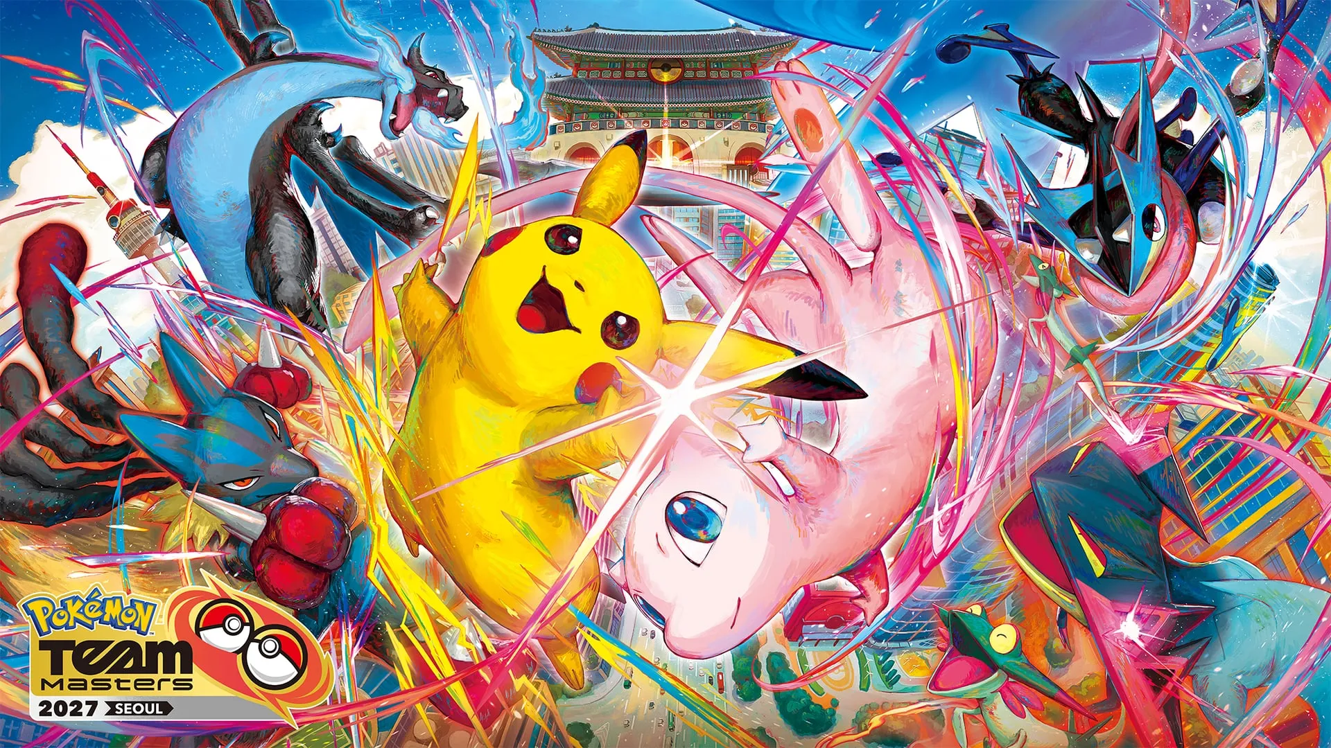 Pokémon Team Masters 2027 in Seoul key art, with Pikachu and Mew in front of a Seoul skyline